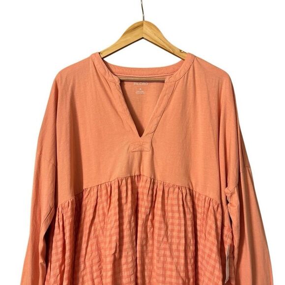 Anthropologie Pilcro Long-Sleeve Babydoll Top blouse gingham light orange Medium - Picture 11 of 15